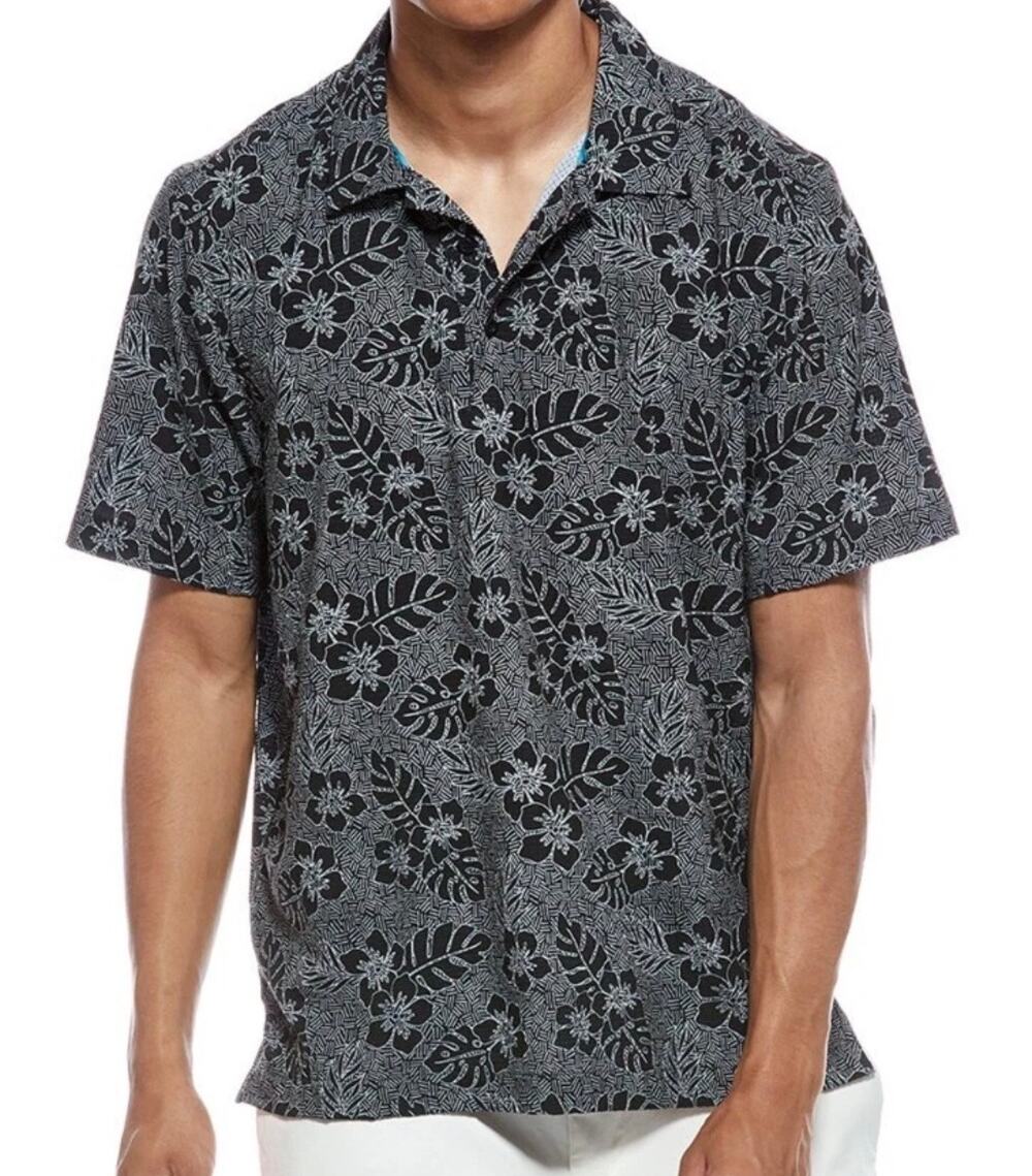 Tommy Bahama Men's Black White Aloha Geo Floral Bahama Coast Polo Shirt Sz XXL